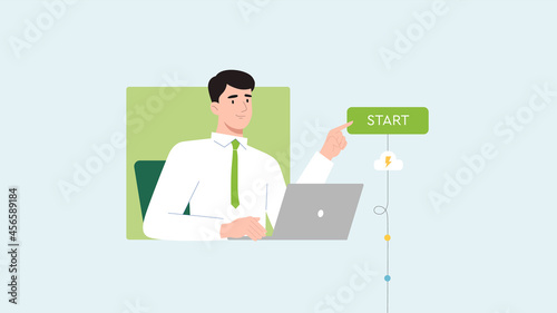 Office worker busy business man or freelancer or manager working on laptop sitting at table workplace and push the button Start