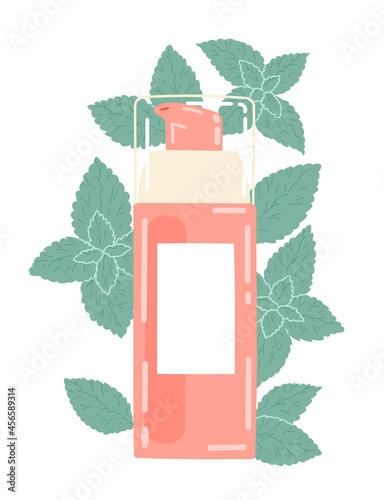 Cosmetic with peppermint extract. Bottle with dispenser