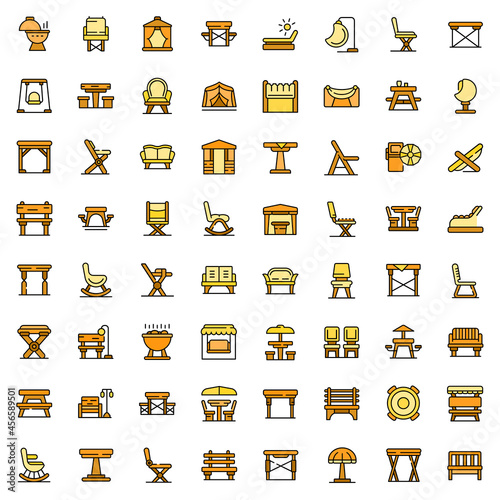 Outdoor furniture icons set outline vector. Garden deck. Patio table and bench