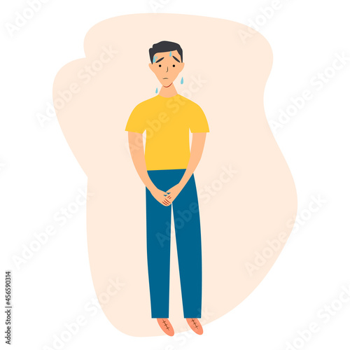 Urinary incontinence problem. The young man wants to pee. The guy feels pain in his groin. Experiencing pain. Flat vector illustration.