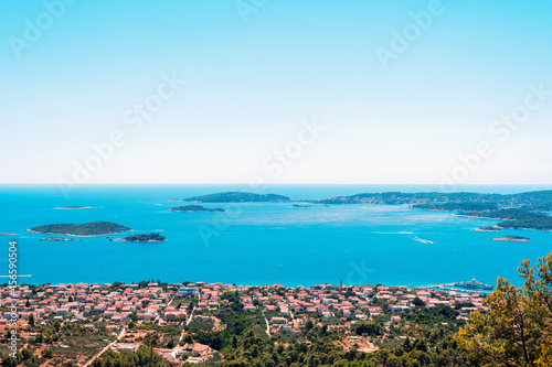 Fototapeta Naklejka Na Ścianę i Meble -  Aerial view of Orebic town and Korcula island, Adriatic sea, Croatia