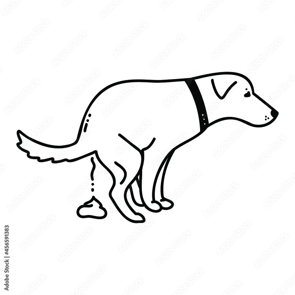 Dog pooping vector outline illustration isolated on white background