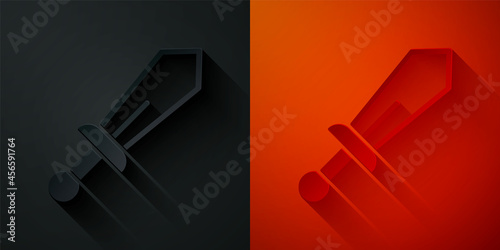 Paper cut Sword toy icon isolated on black and red background. Paper art style. Vector