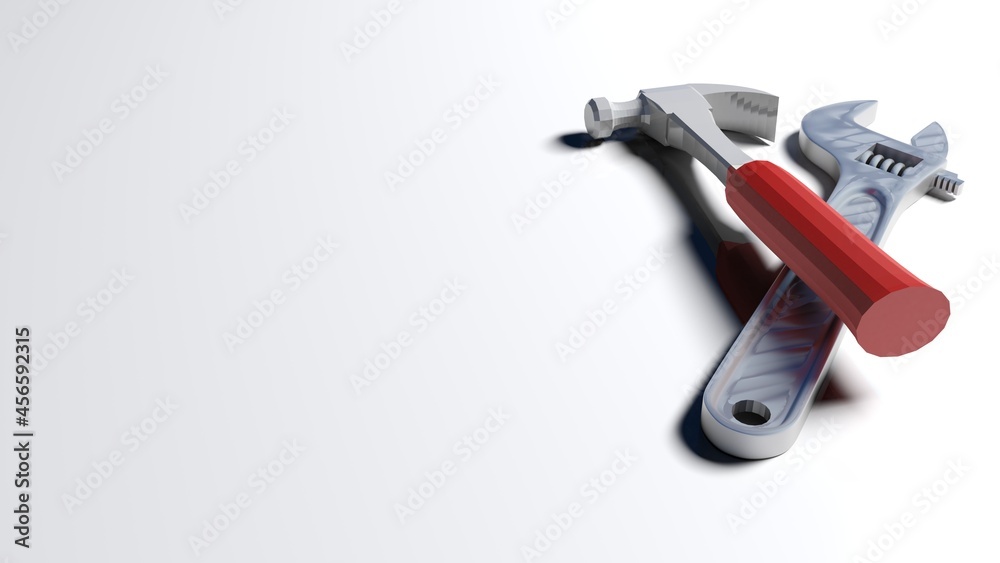 Hammer and wrench on white clean background - 3D rendering illustration Hammer and wrench on white clean background - 3D rendering illustration