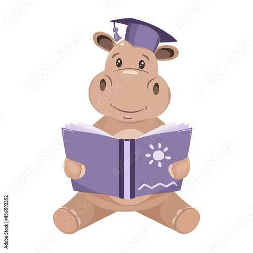 Cute hippo holds a book, reads, childrens vector illustration.