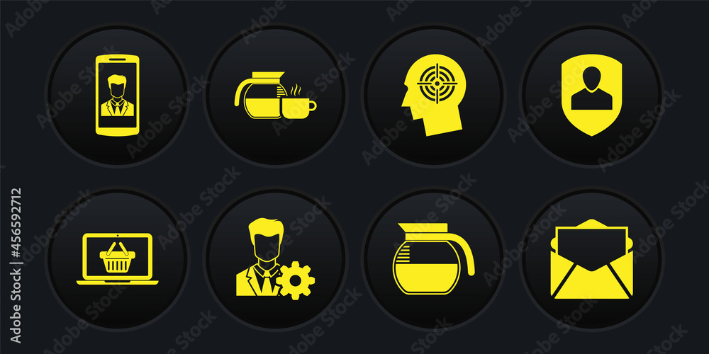 Set Shopping basket on laptop, User protection, Profile settings, Coffee pot, Head hunting concept and with cup icon. Vector Set Shopping basket on laptop, User protection, Profile settings, Coffee pot, Head hunting concept and with cup icon. Vector