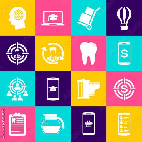 Set Smartphone with contacts, Target dollar, , Hand truck and boxes, Human resources and Head hunting icon. Vector