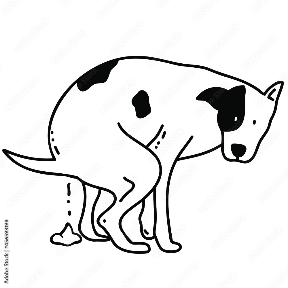 Dog pooping vector outline illustration isolated on white background