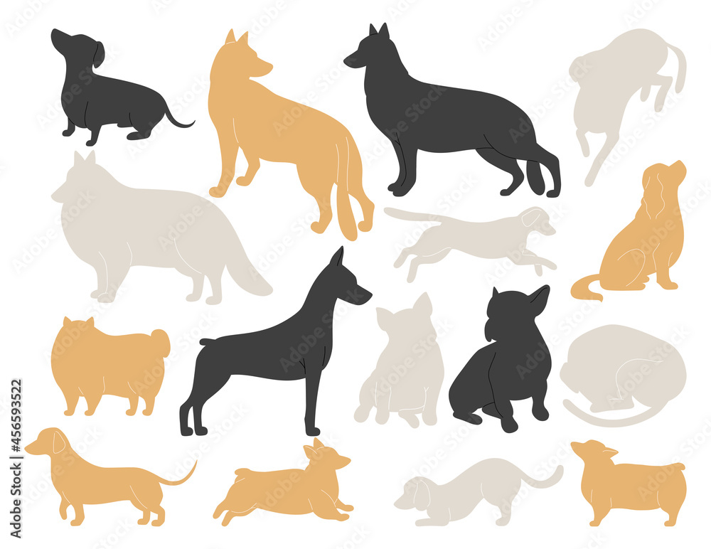 Set of dog breeds silhouettes set in different poses.