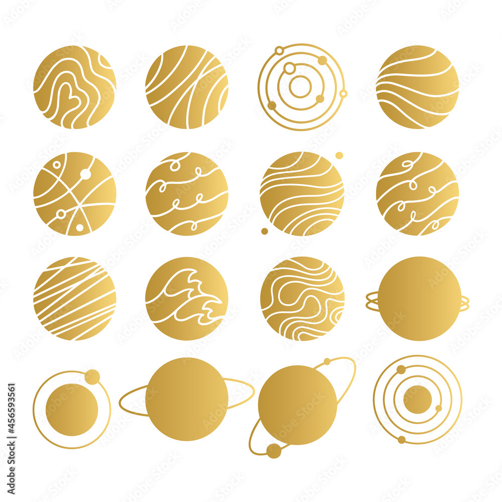 Set of gold planets flat icons. Logo, pictogram, sign, symbol of space. Universe, galaxy concept. Vector hand drawn stock illustration.	