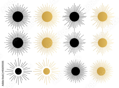 Various abstract sun. Set of boho sun icons. Golden gradient color. Wicca, alchemy, mystical, magic, celestial, esoteric, sacred, spiritual, occultism inspired concept. Hand drawn vector.