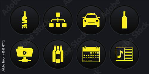 Set FTP settings folder, Bottle of wine, Bottles, Calendar, Police car and flasher and Hierarchy organogram chart icon. Vector