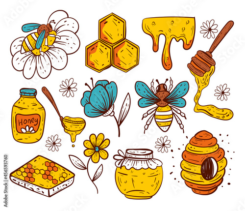 Hand drawn style honey isolated grapgic design elements set