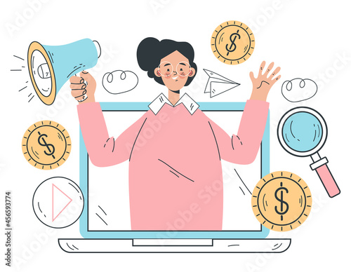 Loudspeaker promoter internet online marketing concept. Vector flat graphic design illustration
