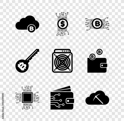 Set Cryptocurrency cloud mining, bitcoin circuit, , Processor, wallet and icon. Vector