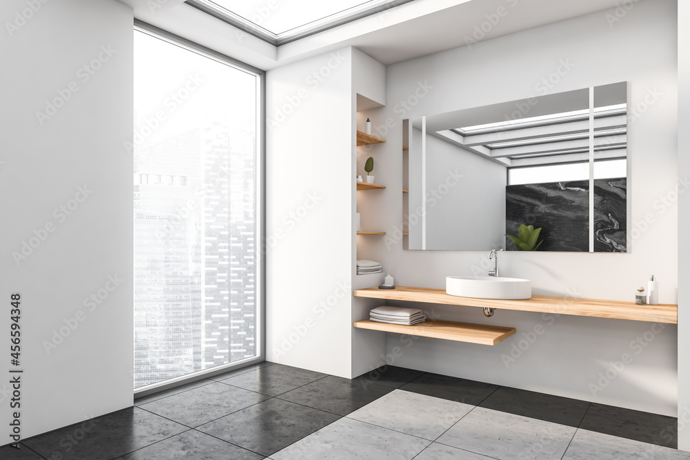 Bright bathroom interior with large mirror, concrete floor, panoramic window Bright bathroom interior with large mirror, concrete floor, panoramic window