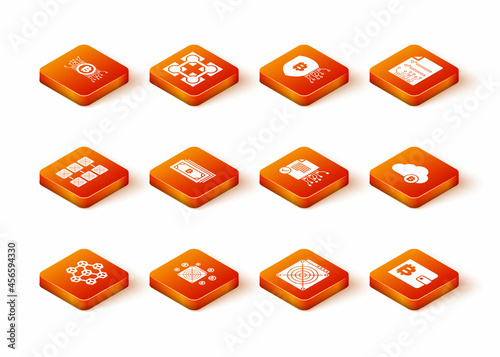 Set Blockchain technology, ASIC Miner, Mining farm, Cryptocurrency bitcoin, and Smart contract icon. Vector