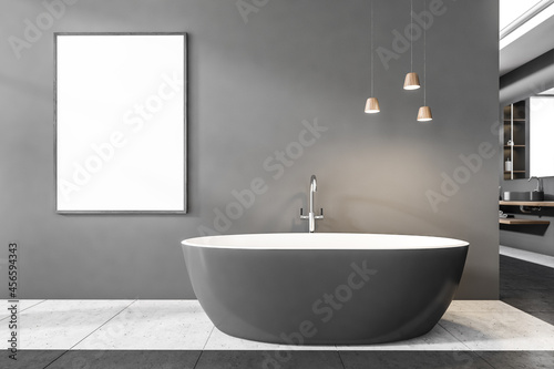 Close view on dark bathroom interior with bathtub  empty poster