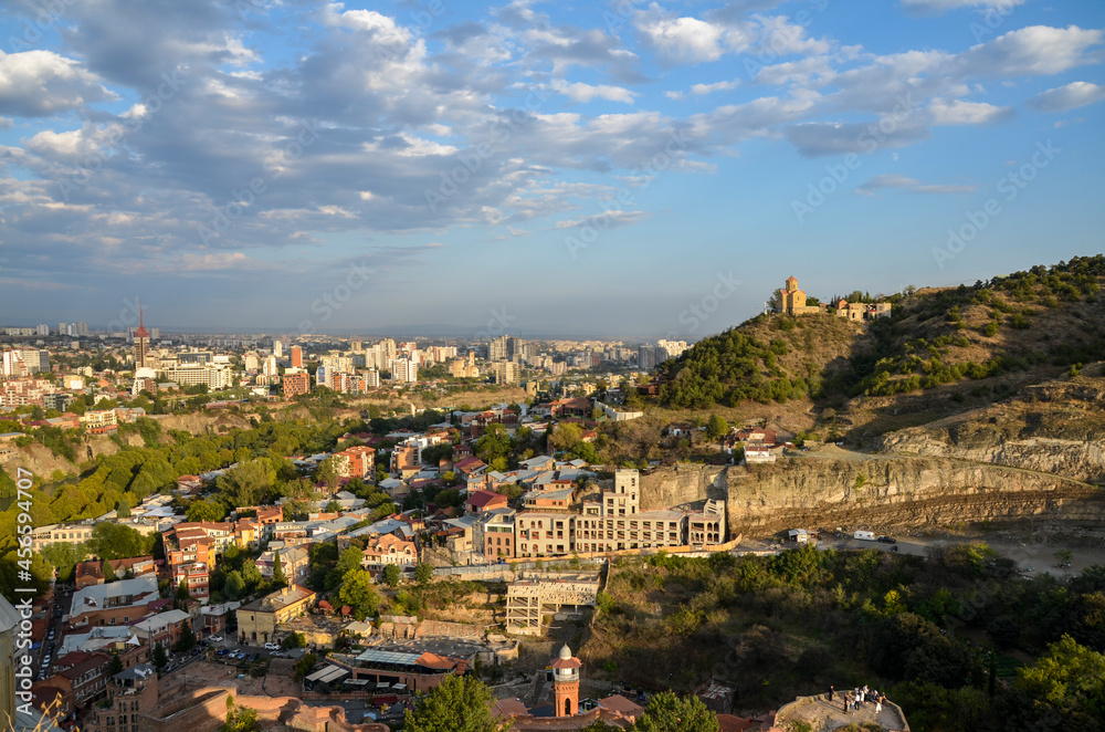Panoramic view of the old town of Tbilisi from Narikala fortress at sunset, Georgia