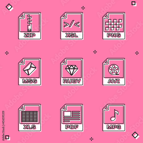 Set ZIP file document, XSL, PNG, MSG, RUBY and AVI icon. Vector