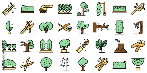Tree trimming icons set outline vector. Tree woodcutter. Work thin line color flat isolated on white