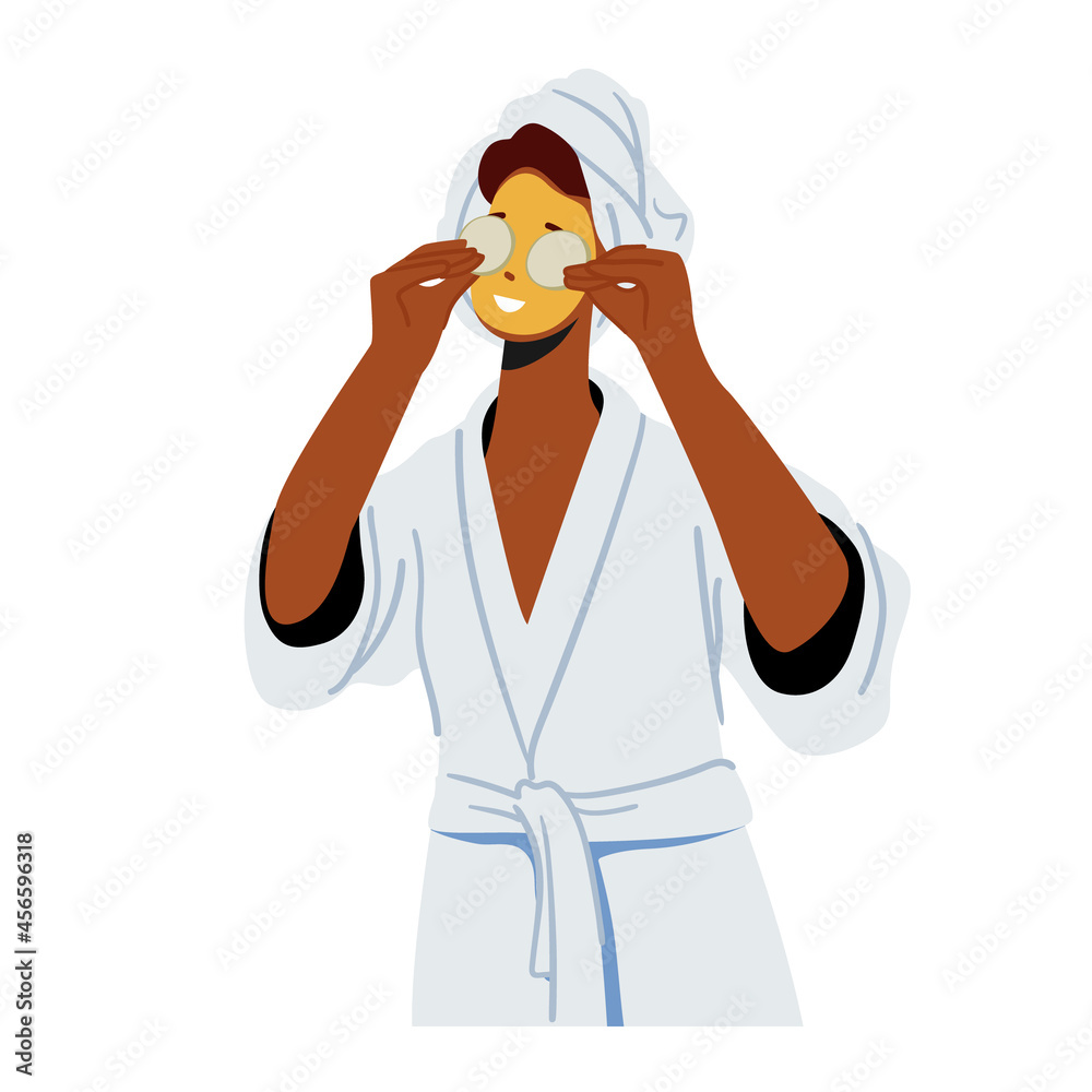 Woman with Facial Mask and Cucumber Slices of Face. Female Character Skin Care and Treatment, Spa, Natural Beauty Woman with Facial Mask and Cucumber Slices of Face. Female Character Skin Care and Treatment, Spa, Natural Beauty