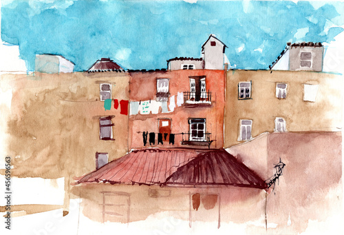 Watercolor illustration of buildings with many flats and windows, roofs and balconies in Madrid, Spain