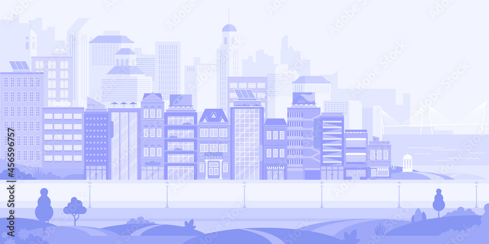 City street with skyscrapers, apartments and office buildings with park and rever bridge horizontal background. Abstract urban architecture modern cityscape panorama. Vector illustration in flat style