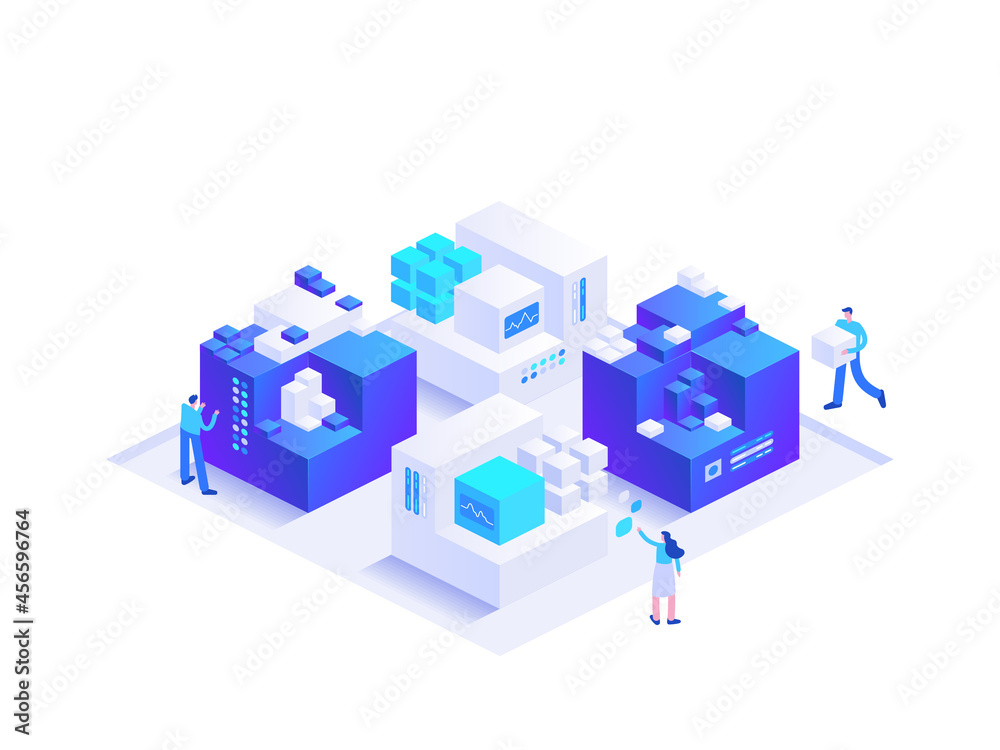 Blockchain ecosystem and digital asset exchange. People making crypto business using cryptocurrency technology, mining digital money. Vector character illustration isolated on white background