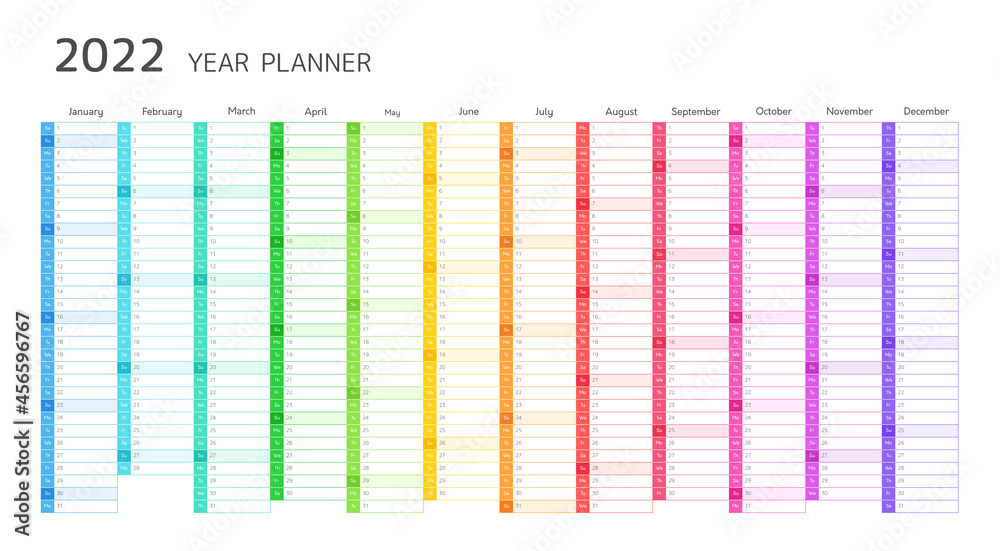 Year planner, 2022 calendar with monthly vertical grid in rainbow colors. Template planner for schedule, events and holidays. Vector business organizer, calender grid Year planner, 2022 calendar with monthly vertical grid in rainbow colors. Template planner for schedule, events and holidays. Vector business organizer, calender grid
