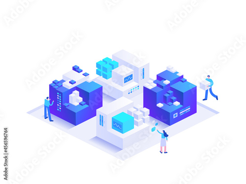 Blockchain ecosystem and digital asset exchange. People making crypto business using cryptocurrency technology  mining digital money. Vector character illustration isolated on white background