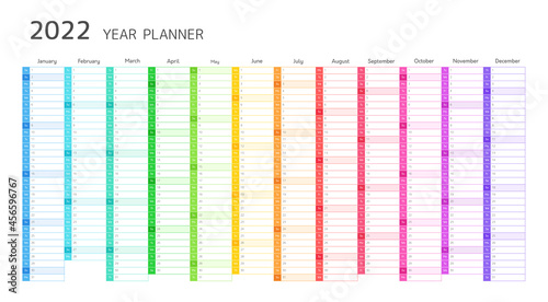 Year planner, 2022 calendar with monthly vertical grid in rainbow colors. Template planner for schedule, events and holidays. Vector business organizer, calender grid