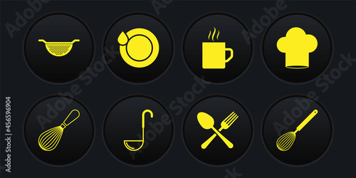 Set Kitchen whisk, Chef hat, ladle, Crossed fork and spoon, Coffee cup, Washing dishes, and colander icon. Vector