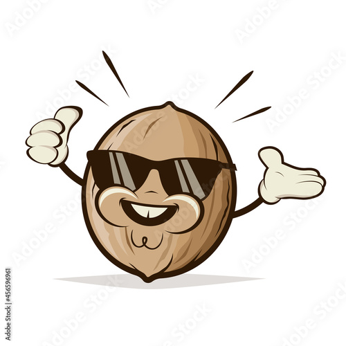 retro cartoon illustration of a happy nut with sunglasses