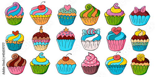 Big Set of icons of cupcakes, muffins in hand draw style. Collection of vector illustrations. Sweet pastries, cute