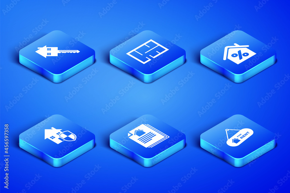 Set Hanging sign with For Rent, House key, contract, under protection, plan and percant icon. Vector Set Hanging sign with For Rent, House key, contract, under protection, plan and percant icon. Vector