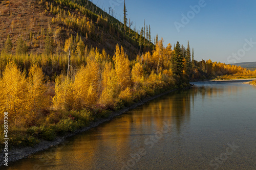 North Fork Flathead River and colorful Fall foliage, Glacier National Park, Montana, USA photo