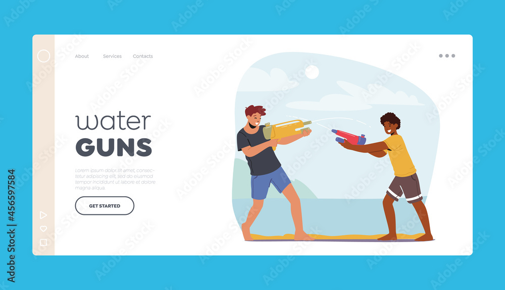 Happy Boys Summer Game Landing Page Template. Teens Playing, Shooting with Water Guns in Hot Weather. Street Activity Happy Boys Summer Game Landing Page Template. Teens Playing, Shooting with Water Guns in Hot Weather. Street Activity