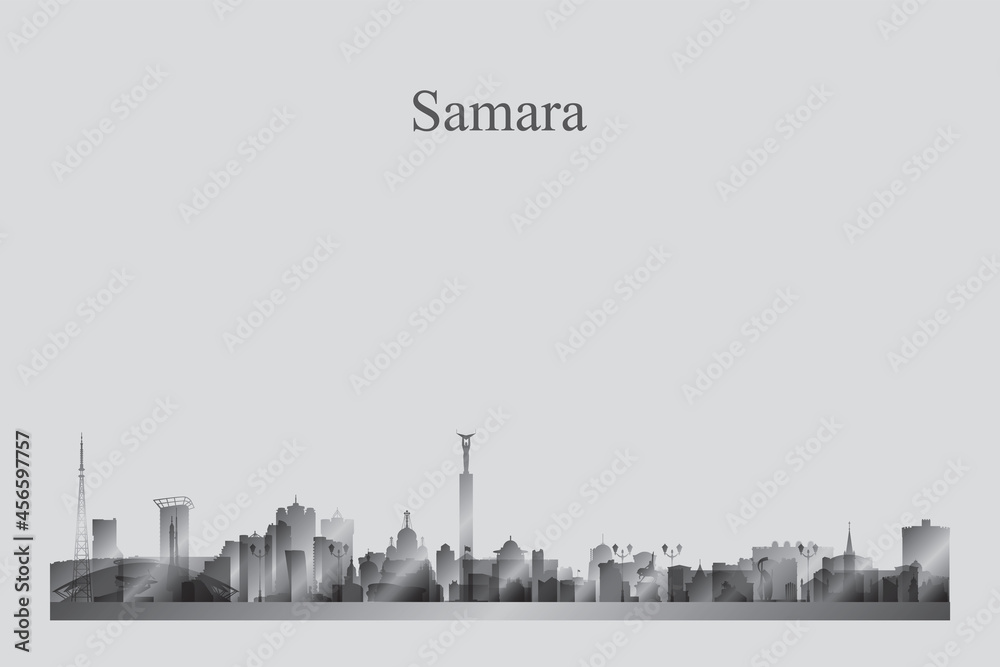 Samara city skyline silhouette in a grayscale