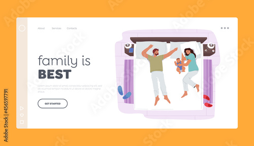Happy Loving Family Sleep Landing Page Template. Mother, Father and Newborn Child Sleeping on One Bed. Mom, Dad and Kid