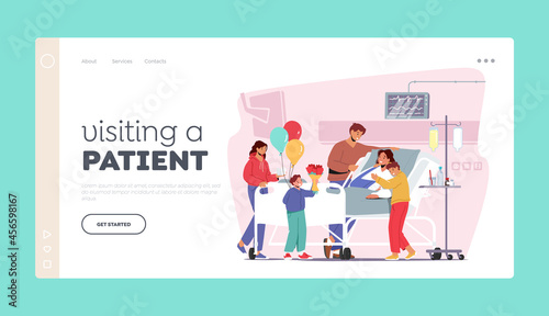 Visiting a Patient Landing Page Template. Family Characters Visit Mother in Hospital. Woman with Broken Arm Lying on Bed