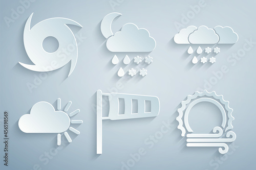 Set Cone meteorology windsock wind vane, Cloud with snow and rain, Cloudy, Wind sun, snow, moon and Tornado icon. Vector