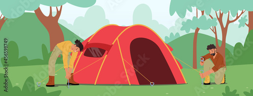 Active Tourists Characters Camping. Young Man and Woman Hammer Sticks to Ground Set Up Tent in Forest Camp