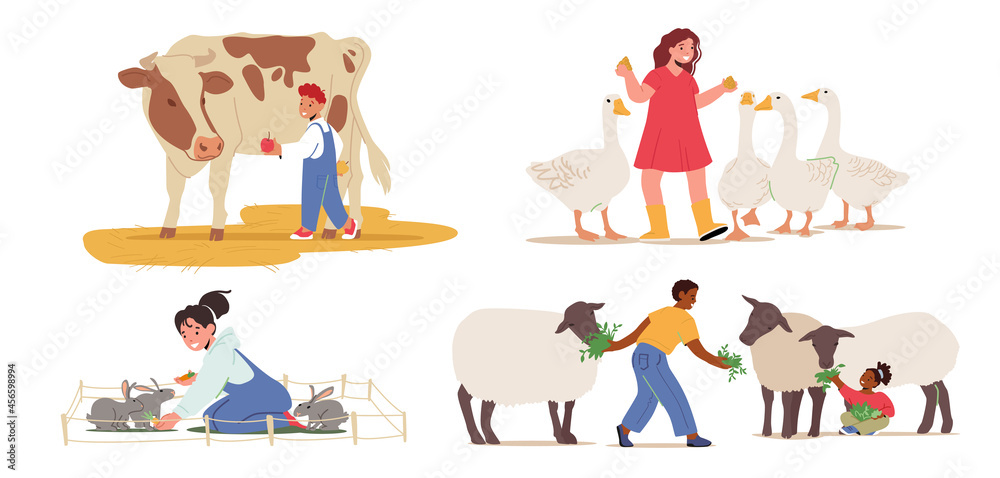 Set of Kids Feeding Animals, Children Visit Farming Zoo. Toddlers Characters Petting Domestic Sheep, Rabbits and Cow