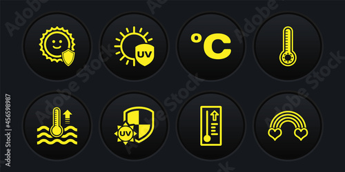 Set Water thermometer, Meteorology, UV protection, Celsius, Rainbow with heart and icon. Vector