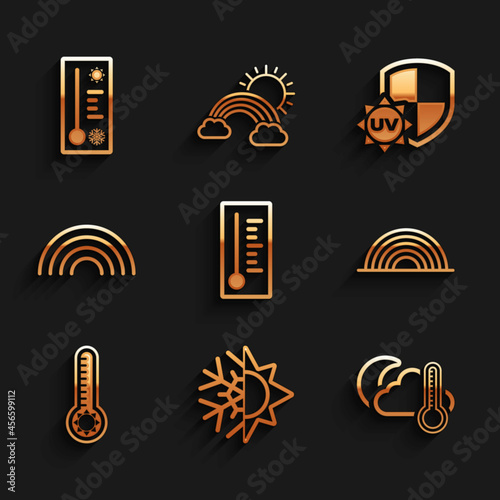 Set Meteorology thermometer, Sun and snowflake, Thermometer cloud, moon, Rainbow, UV protection and icon. Vector