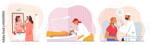 Set Woman Cosmetology Procedures. Female Characters Applying Mask, Beauty Injection and Makeup. Aesthetic Cosmetology