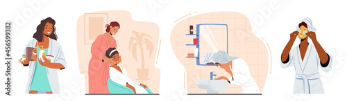 Set Skin Care and Beauty Procedures at Home. Female Characters Applying Cosmetics for Face Moisturizing. Girl with Mask