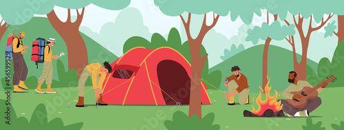 Young People Spend Time at Summer Camp in Forest. Active Tourists Characters Set Up Tent, Playing Guitar at Campfire