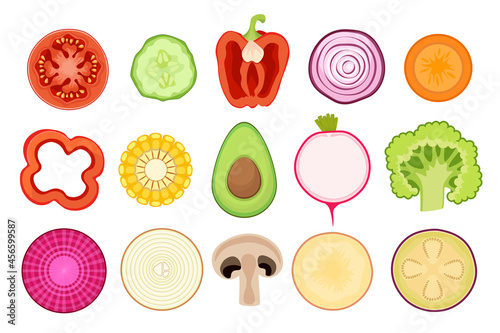 Set of Icons Vegetable Slices Tomato, Cucumber, Corn and Bell Pepper with Avocado and Onion. Carrot, Radish and Broccoli